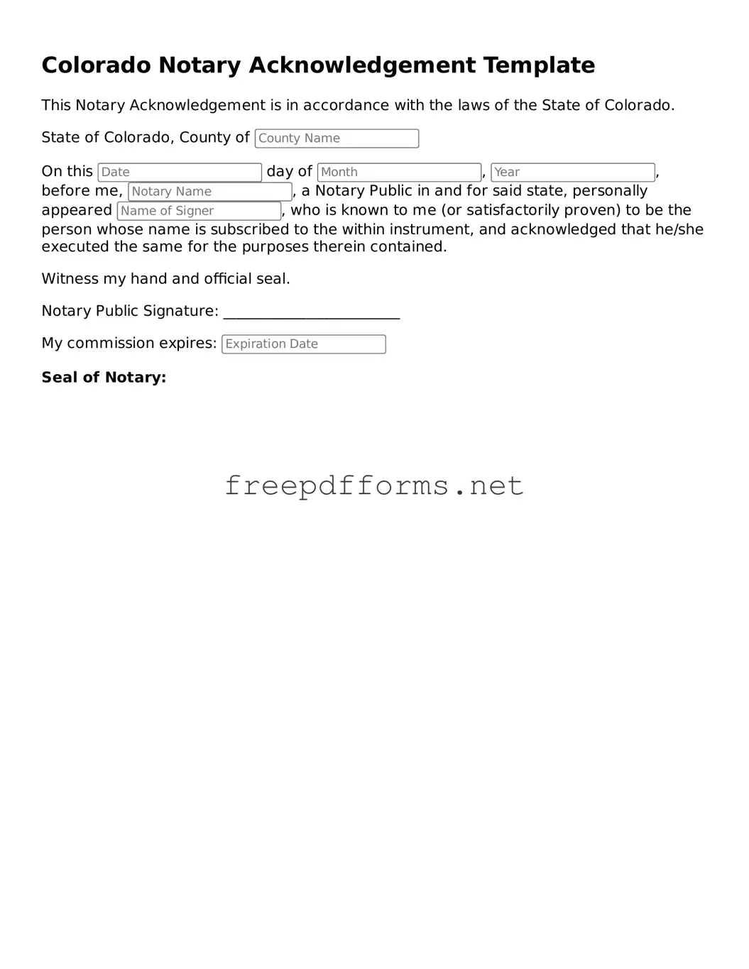 Free Notary Acknowledgement Form for Colorado State