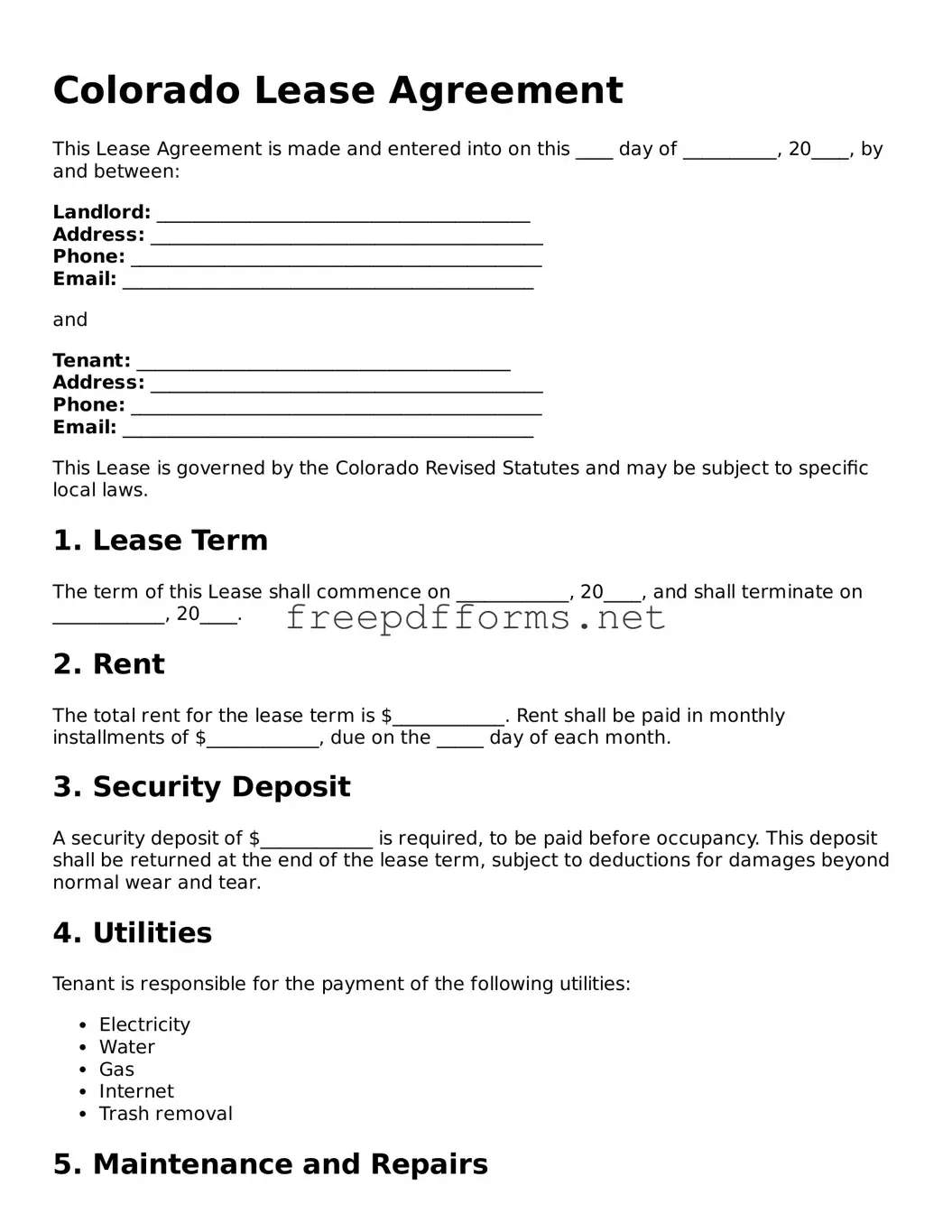 Free Lease Agreement Form for Colorado State
