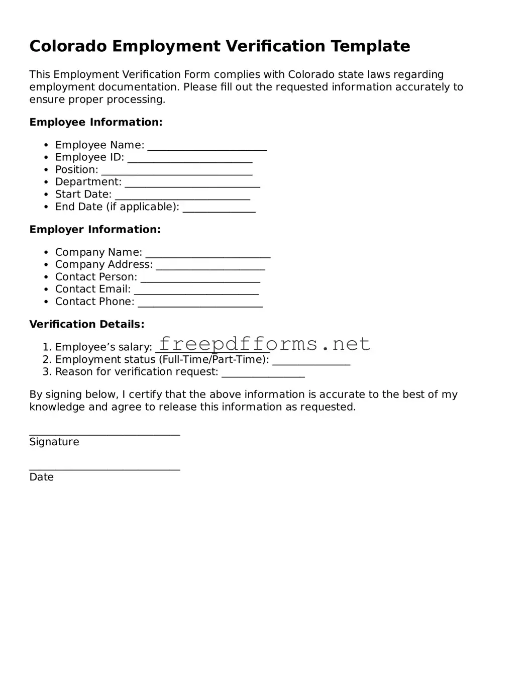 Free Employment Verification Form for Colorado State