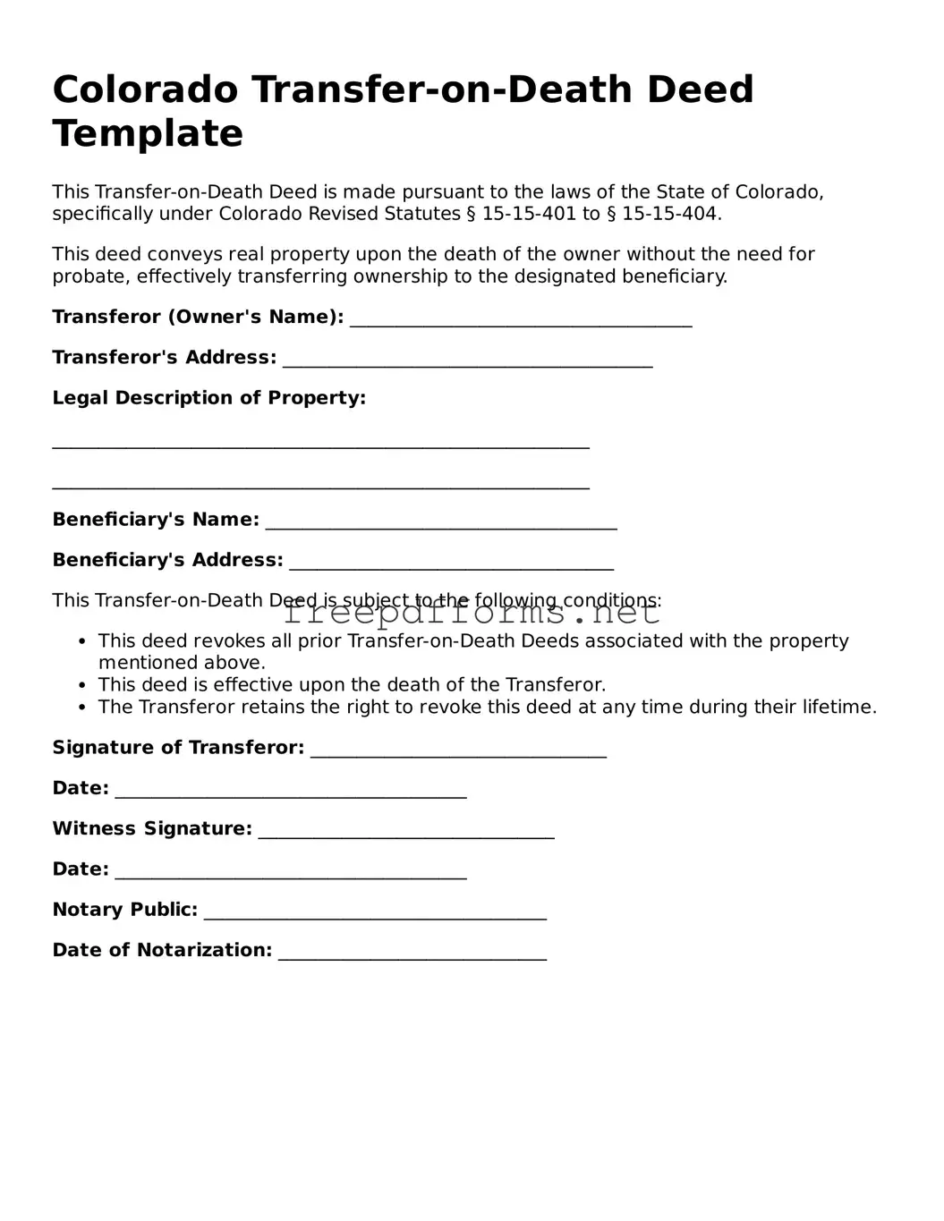 Free Transfer-on-Death Deed Form for Colorado State