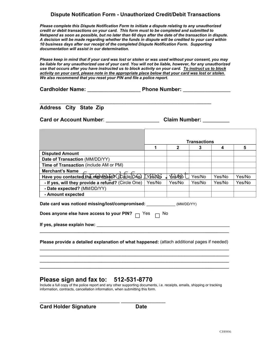 Fill a Valid Netspend Dispute Template
