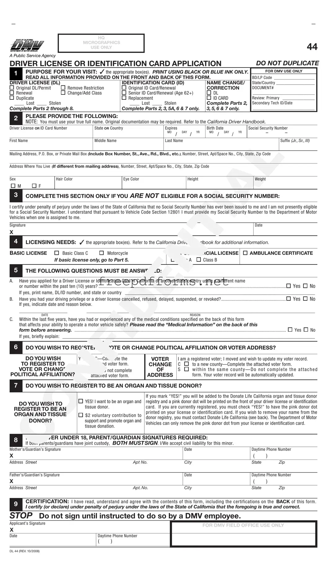 Fill a Valid Ca Dmv Dl 44 Template