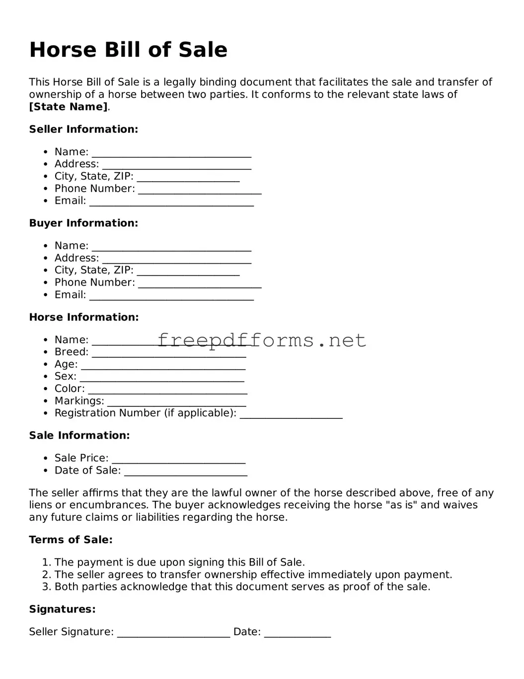 Horse Bill of Sale Template