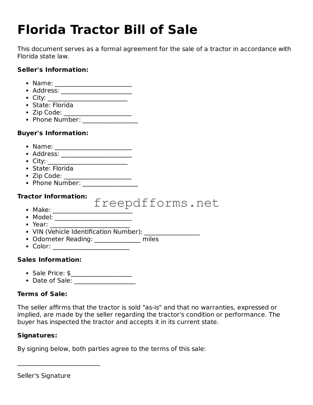 Free Tractor Bill of Sale Form for Florida State