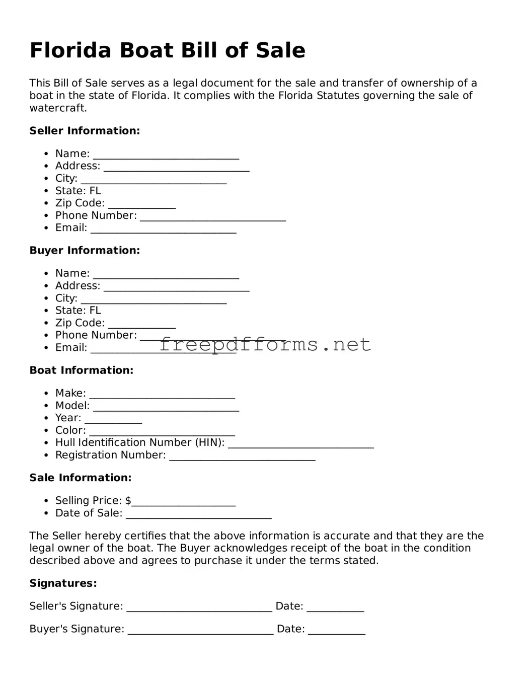 Free Boat Bill of Sale Form for Florida State