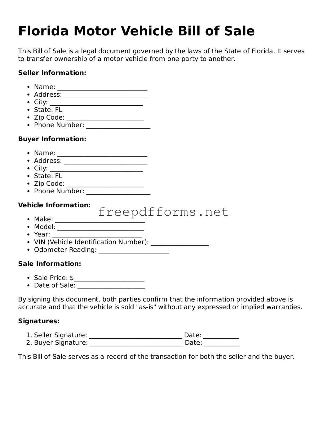 Free Motor Vehicle Bill of Sale Form for Florida State