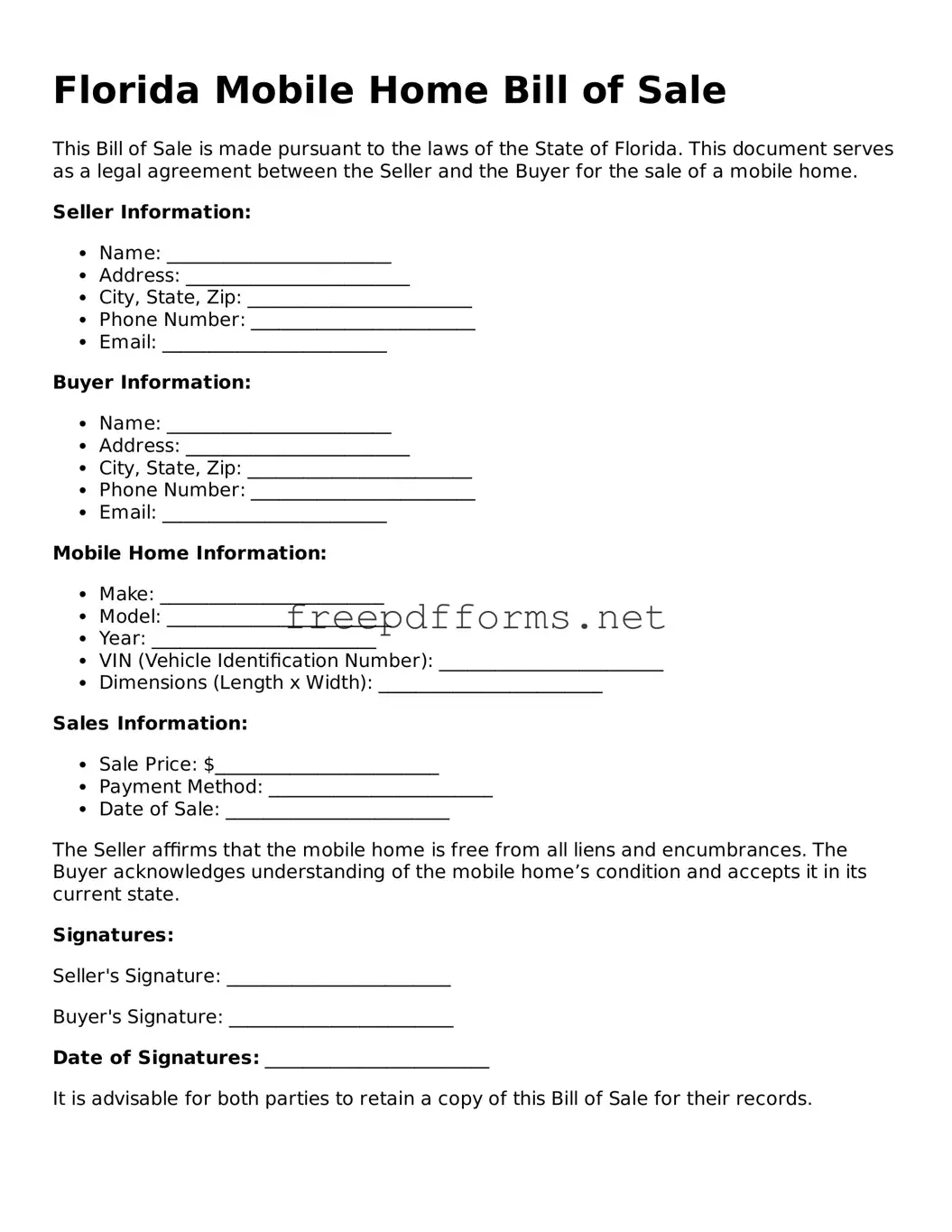 Free Mobile Home Bill of Sale Form for Florida State
