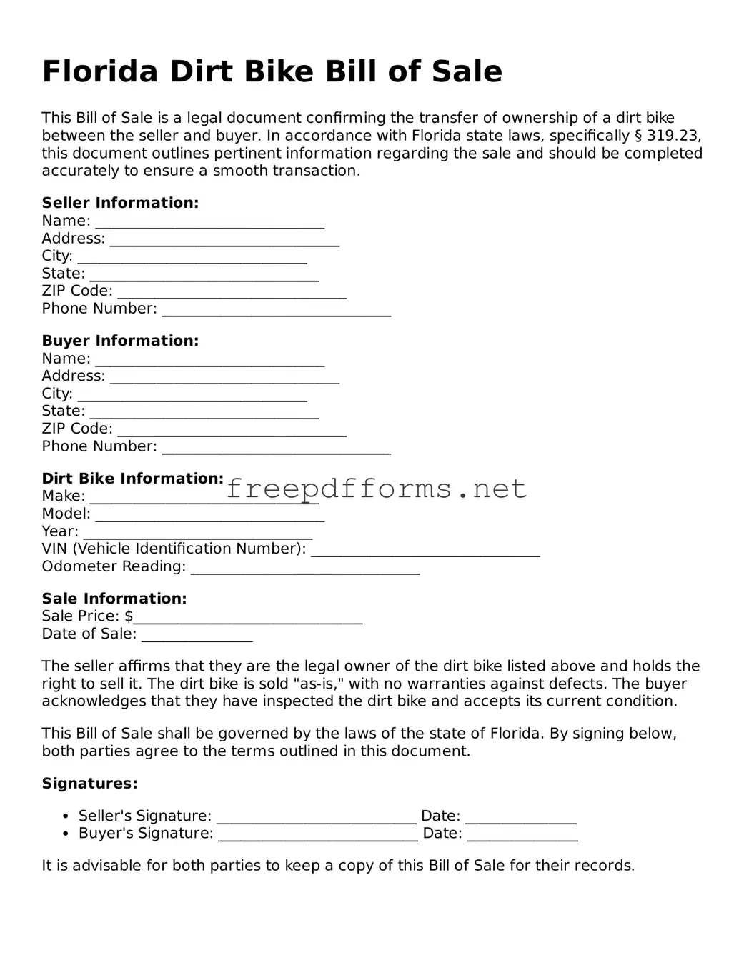 Free Dirt Bike Bill of Sale Form for Florida State