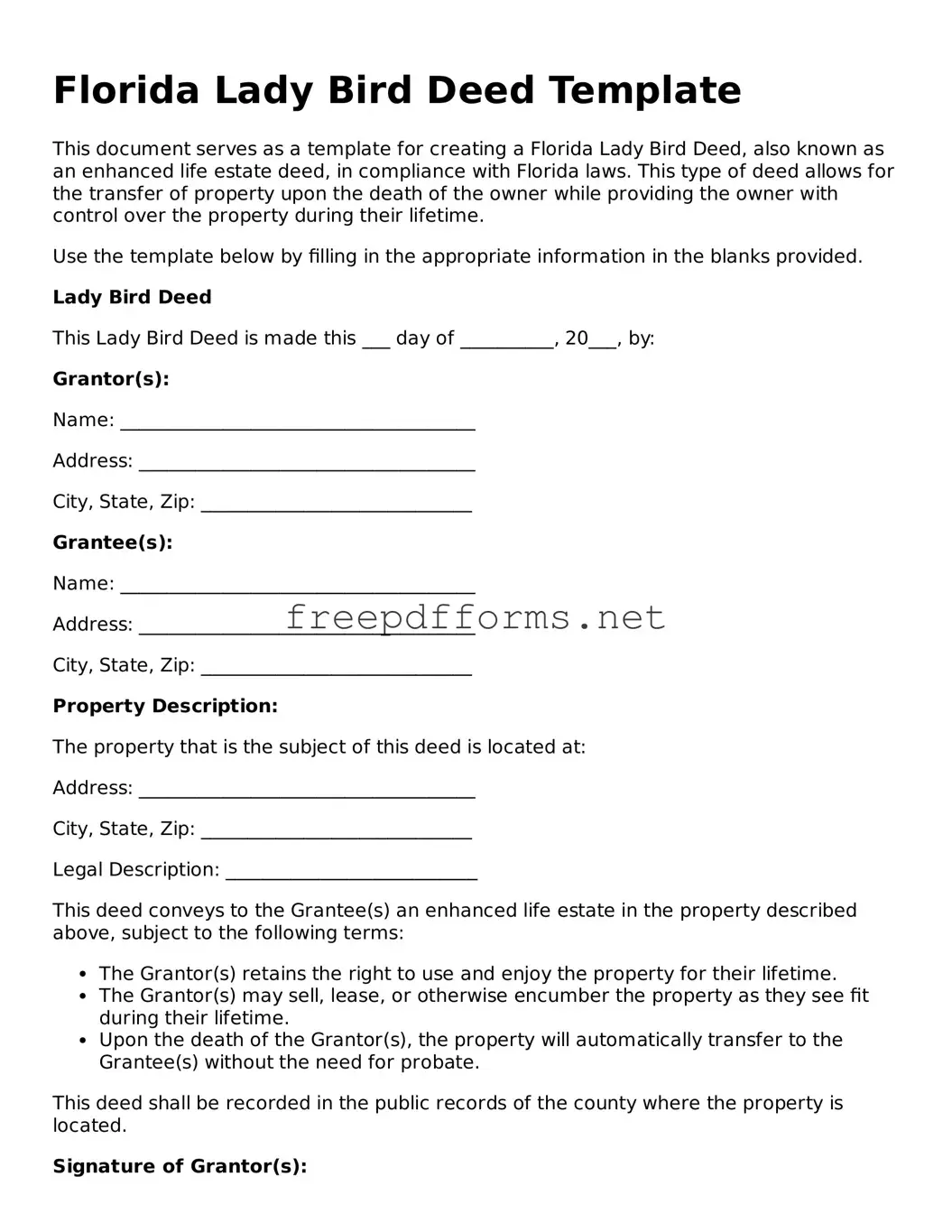 Free Lady Bird Deed Form for Florida State