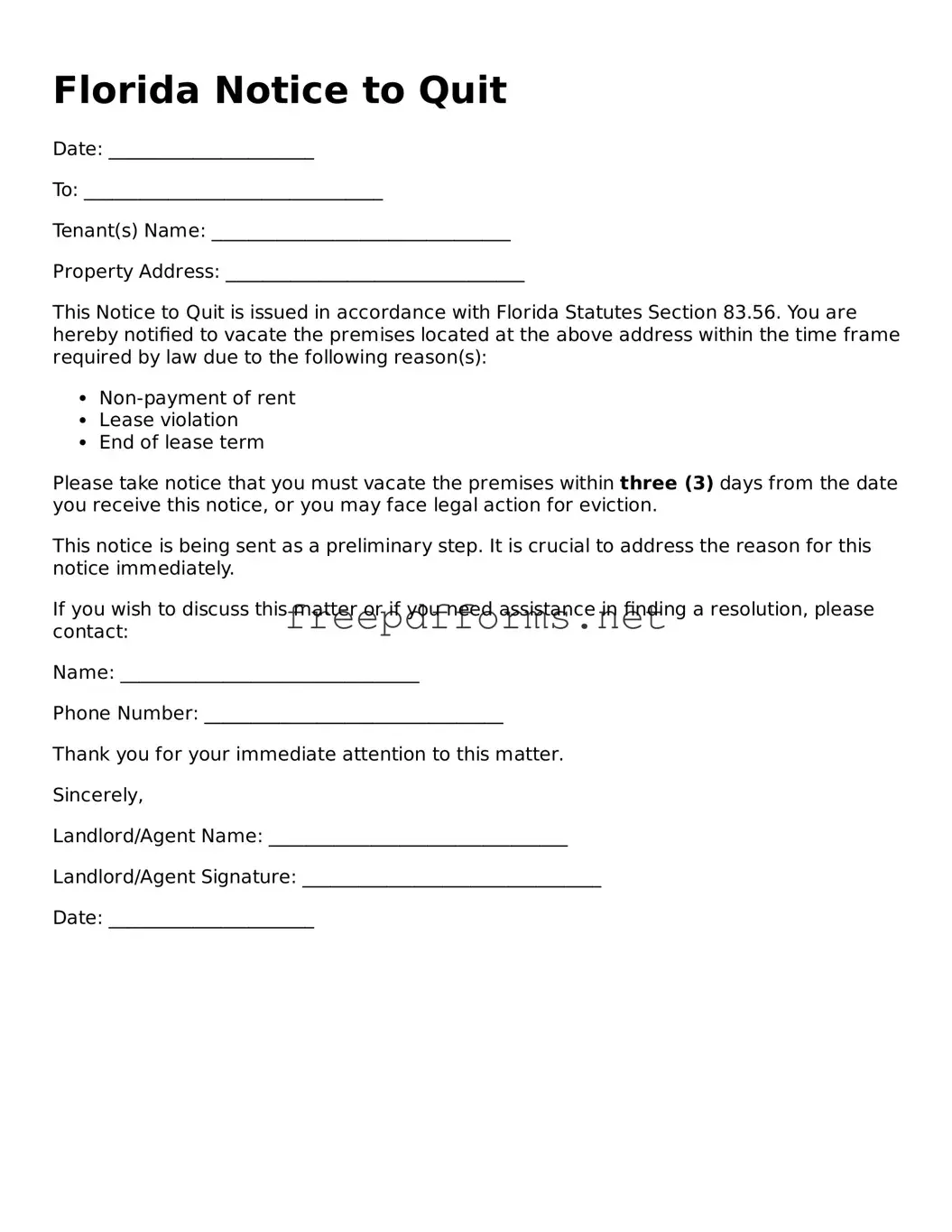 Free Notice to Quit Form for Florida State
