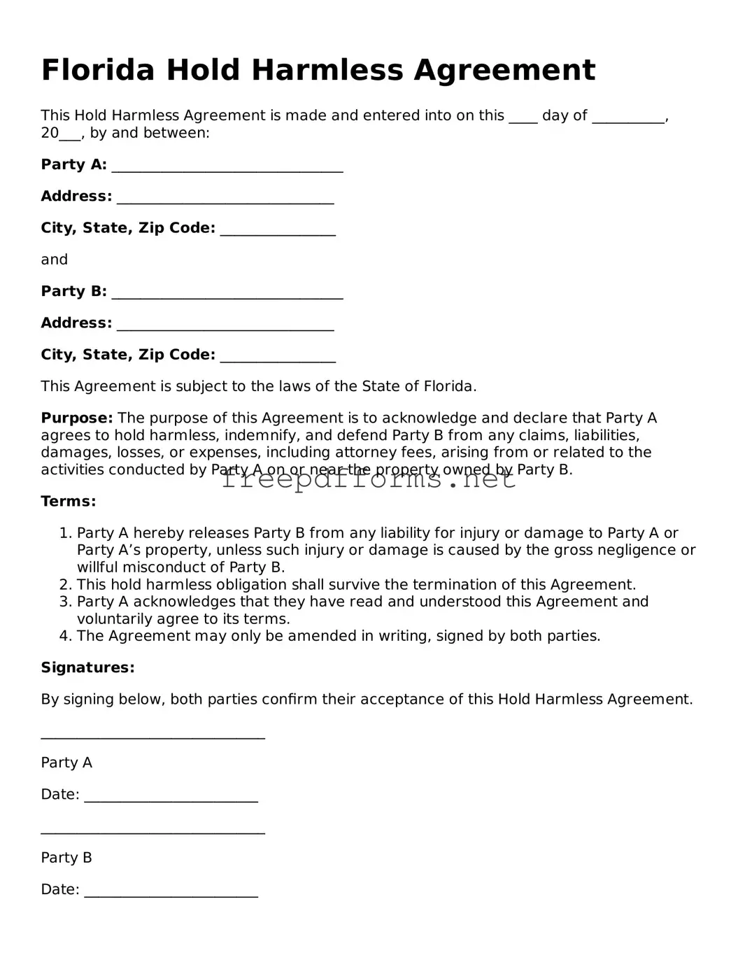 Free Hold Harmless Agreement Form for Florida State