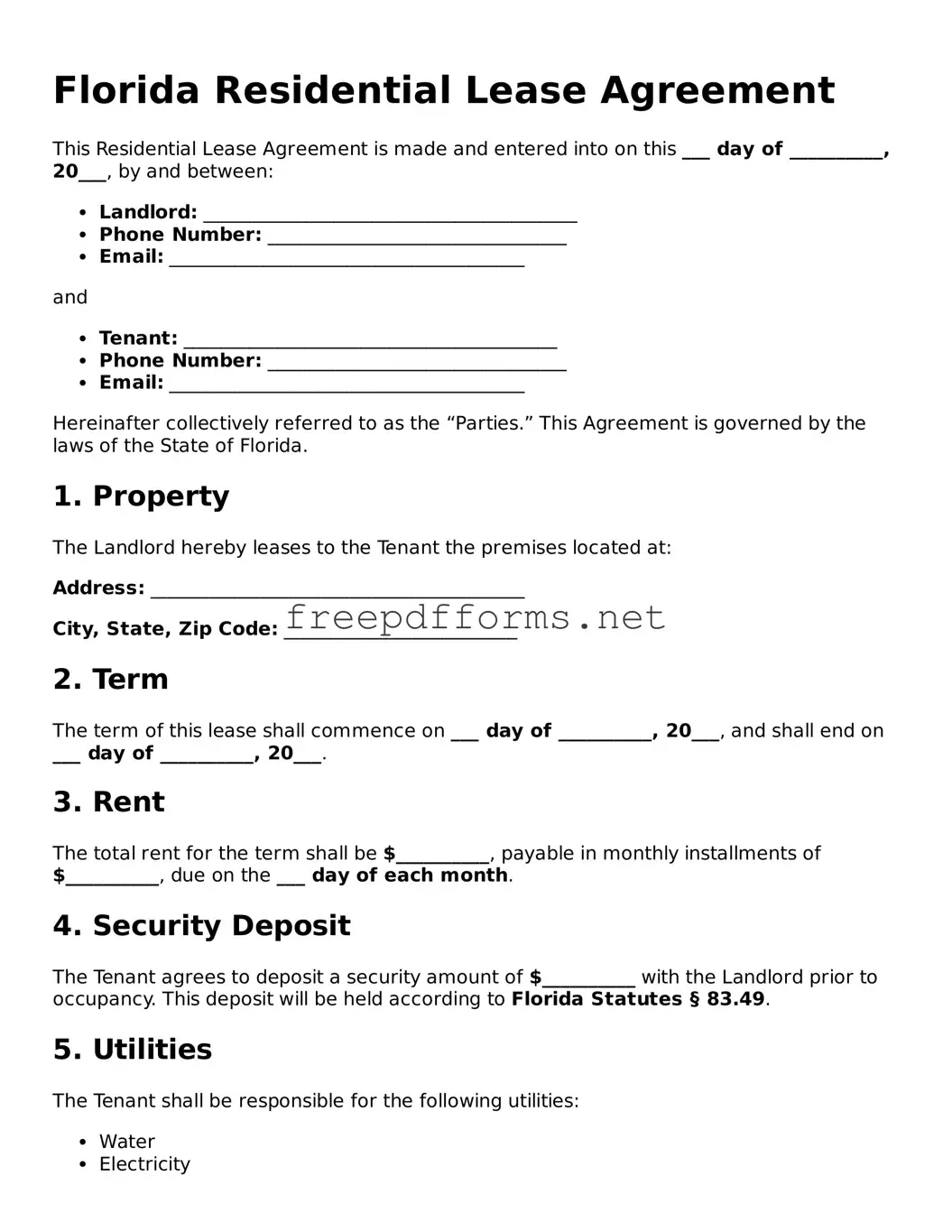 Free Residential Lease Agreement Form for Florida State