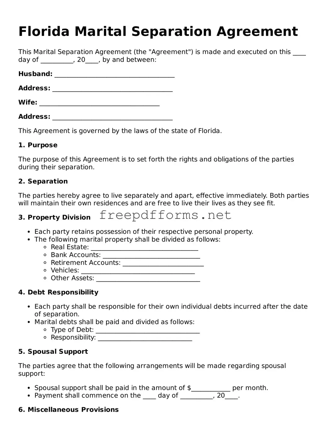 Free Marital Separation Agreement Form for Florida State