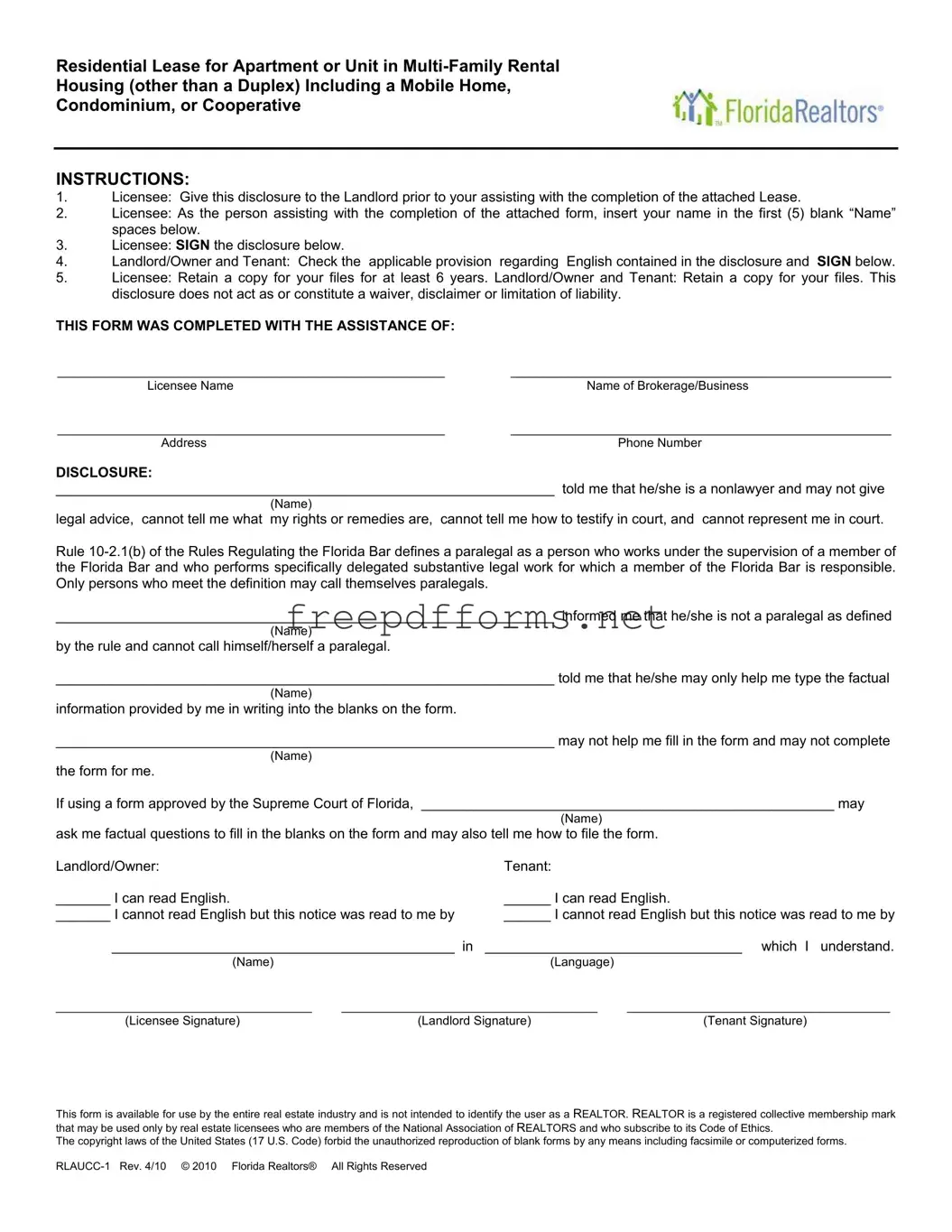 Fill a Valid Florida Realtors Residential Lease Template
