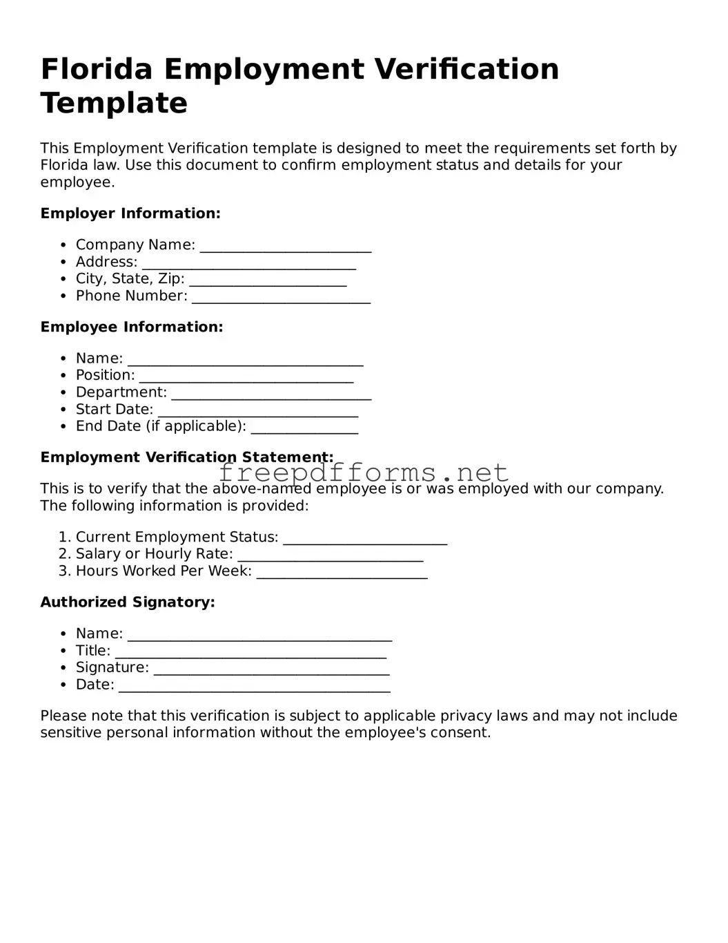 Free Employment Verification Form for Florida State