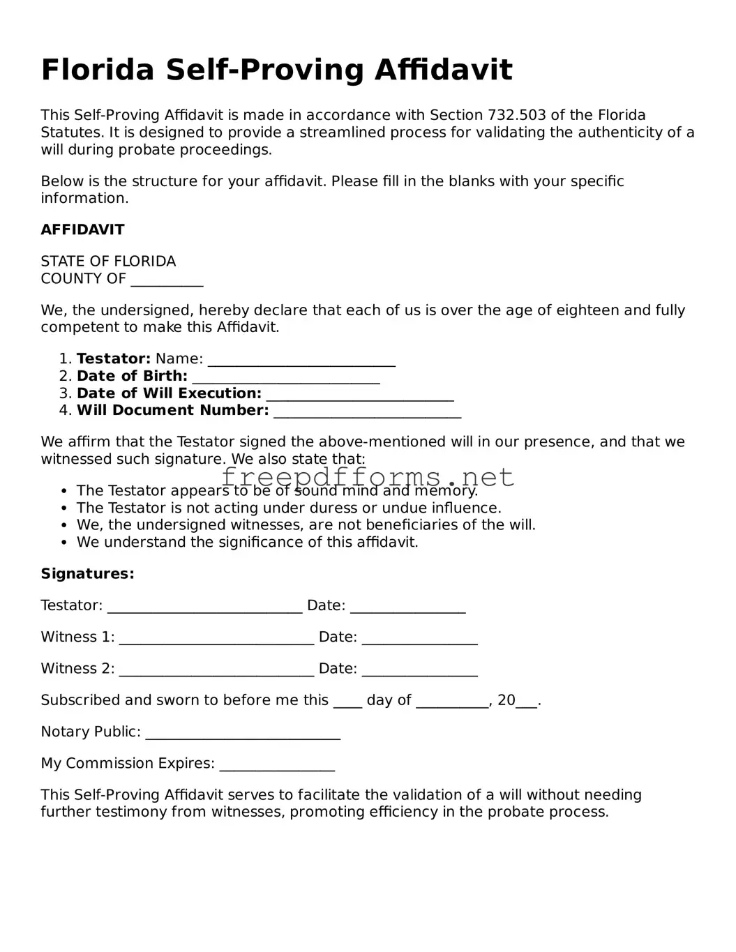 Free Self-Proving Affidavit Form for Florida State