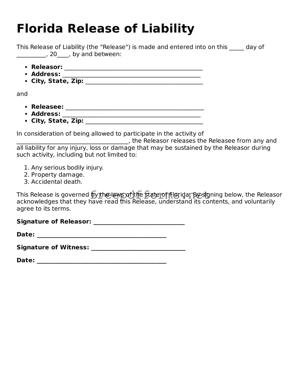 Free Release of Liability Form for Florida State