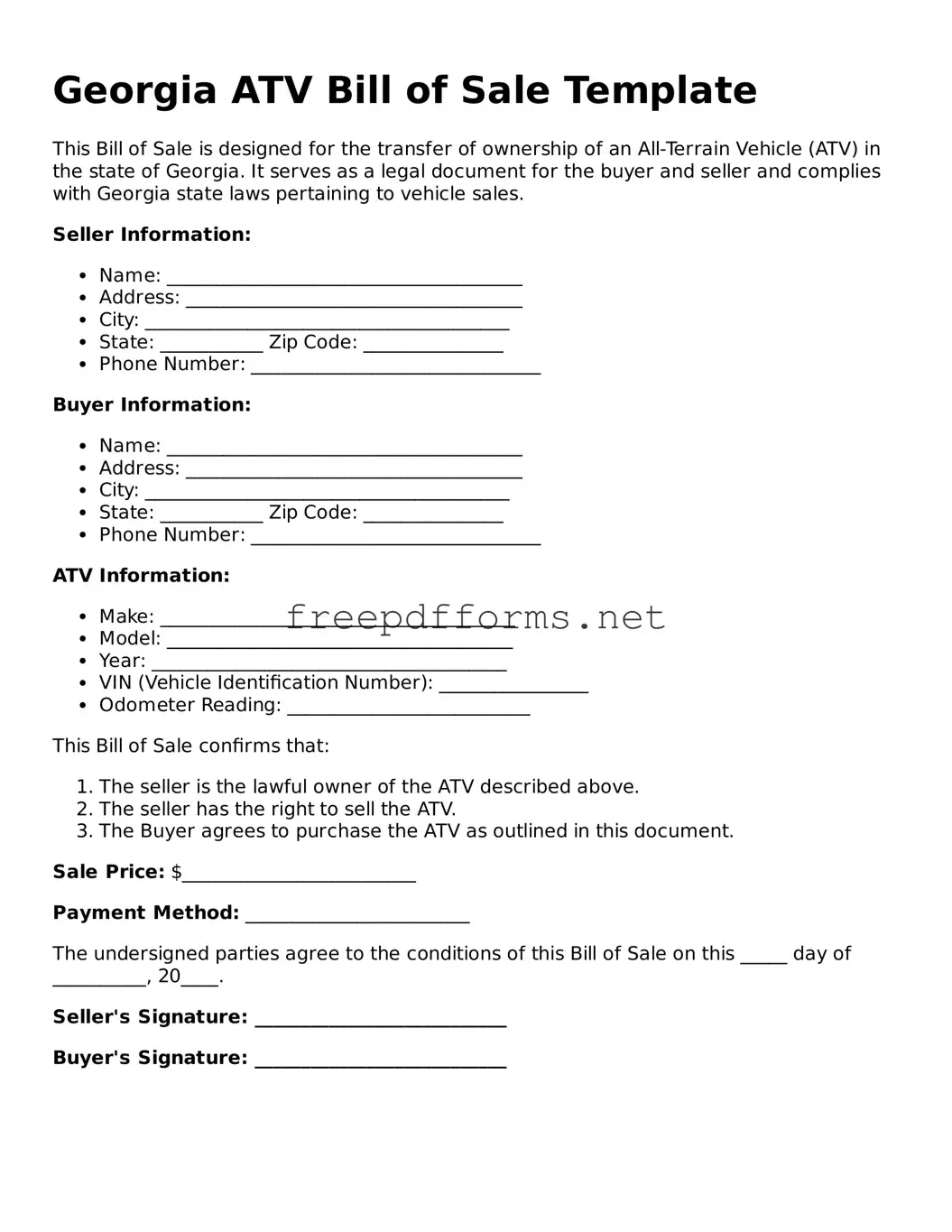Free ATV Bill of Sale Form for Georgia State