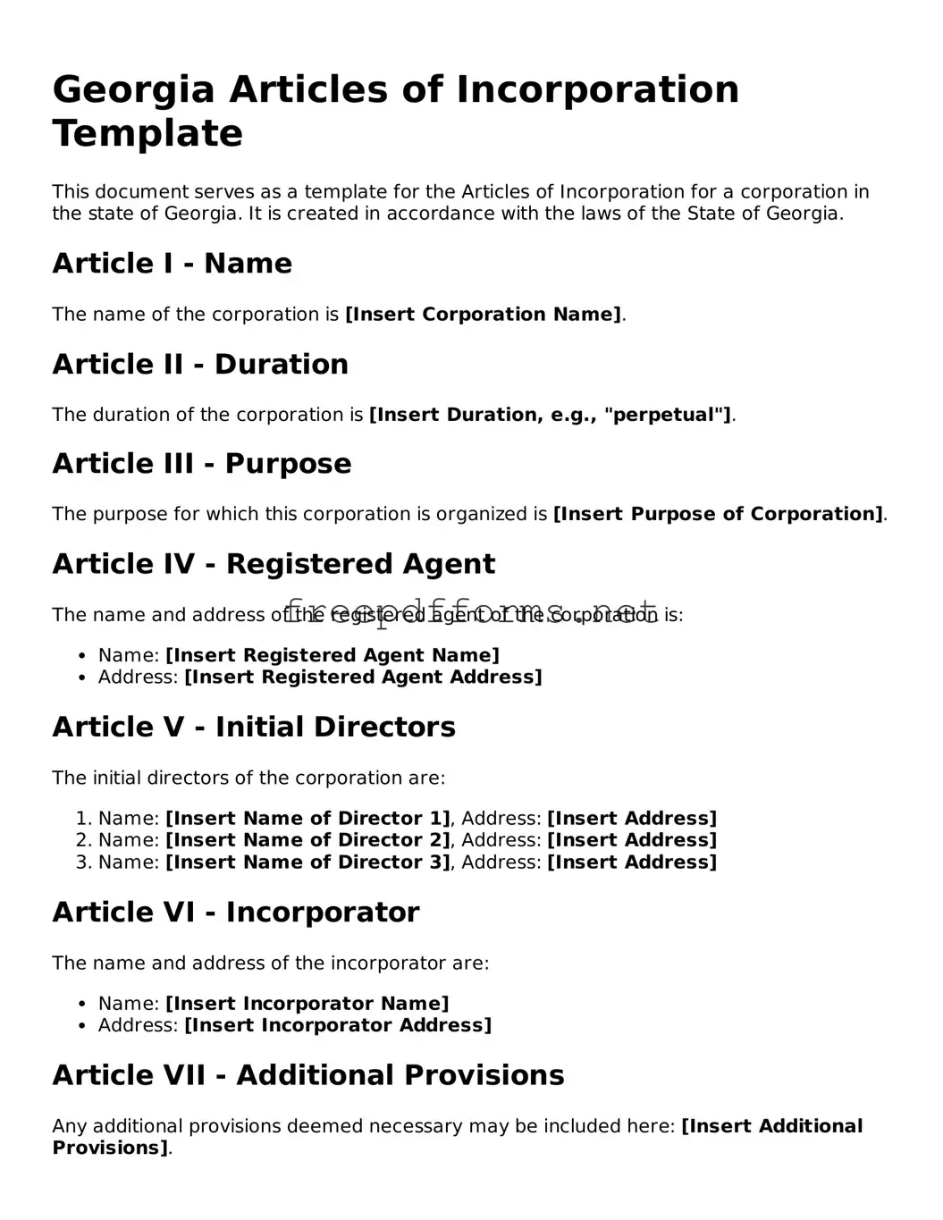 Free Articles of Incorporation Form for Georgia State