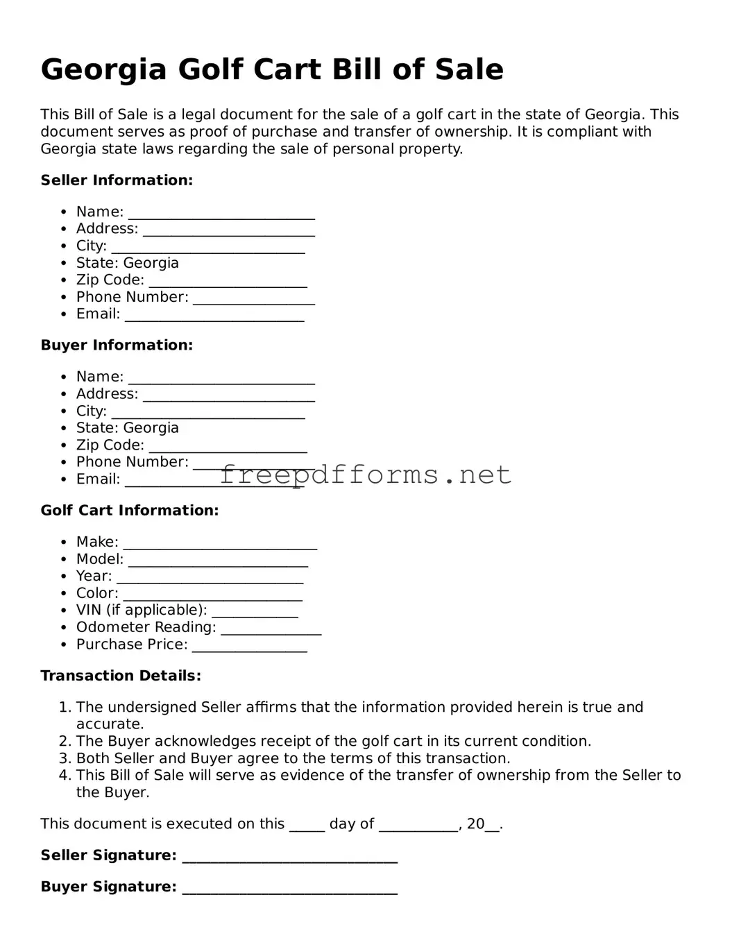 Free Golf Cart Bill of Sale Form for Georgia State