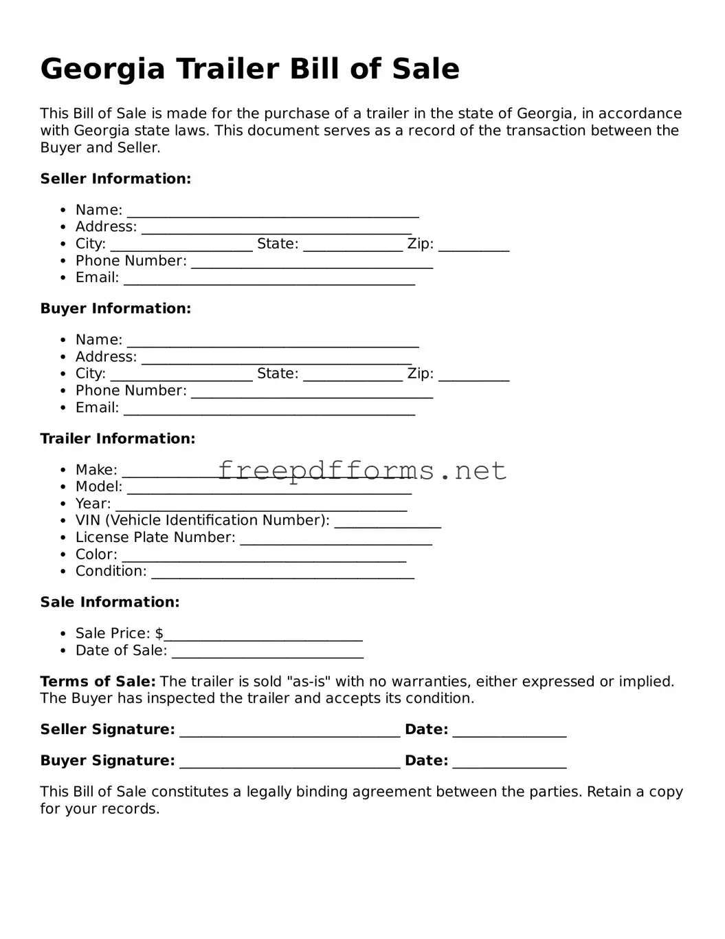 Free Trailer Bill of Sale Form for Georgia State