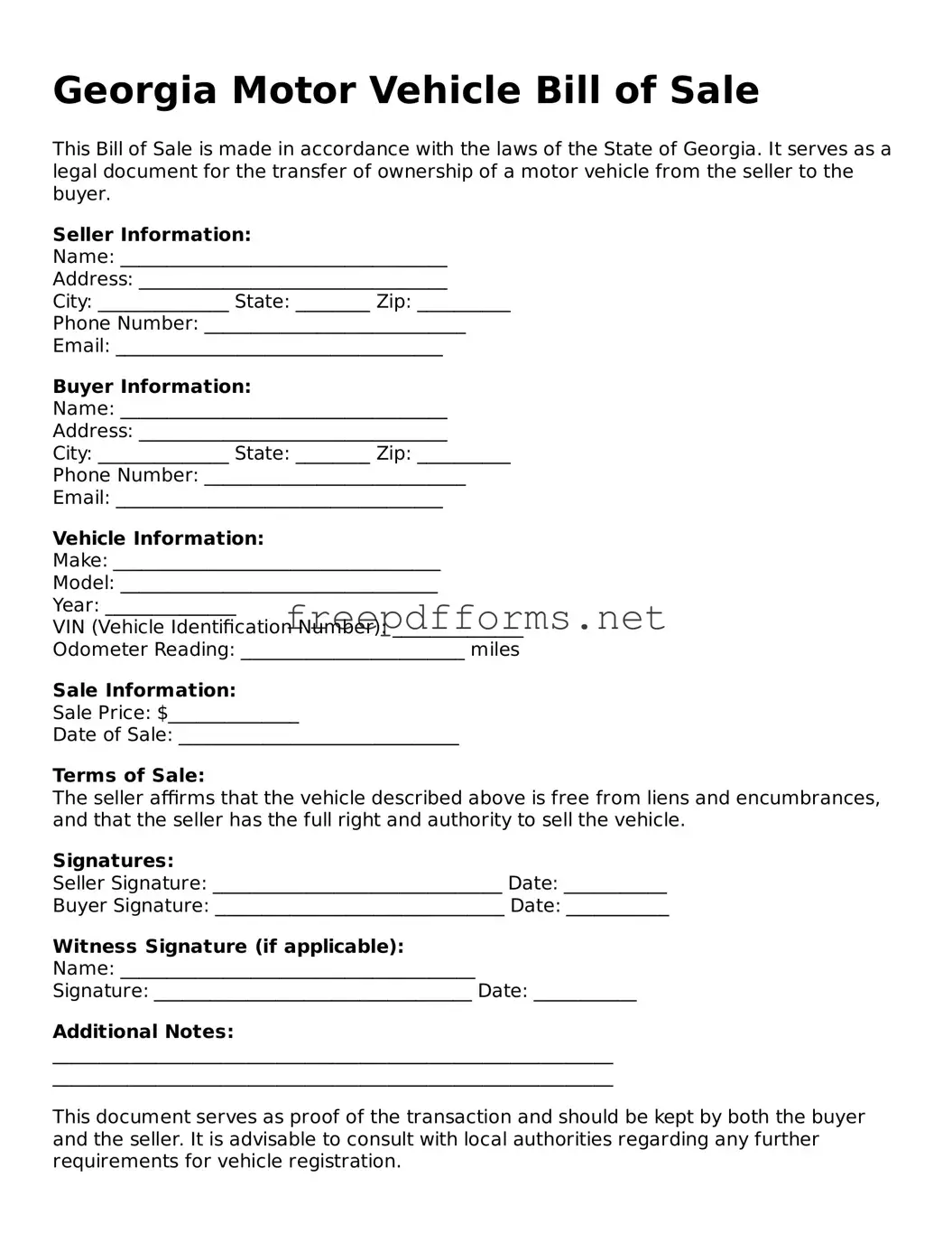 Free Motor Vehicle Bill of Sale Form for Georgia State