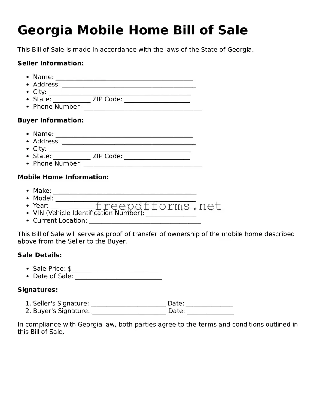Free Mobile Home Bill of Sale Form for Georgia State
