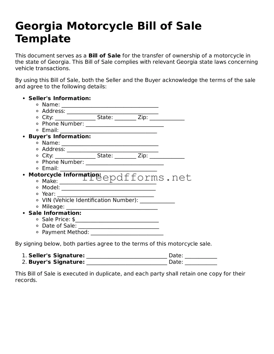 Free Motorcycle Bill of Sale Form for Georgia State