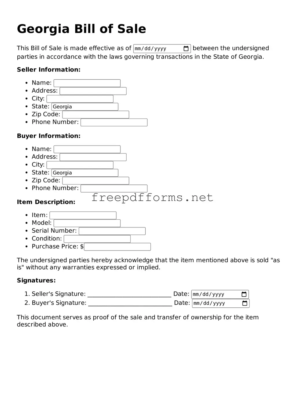 Free Bill of Sale Form for Georgia State