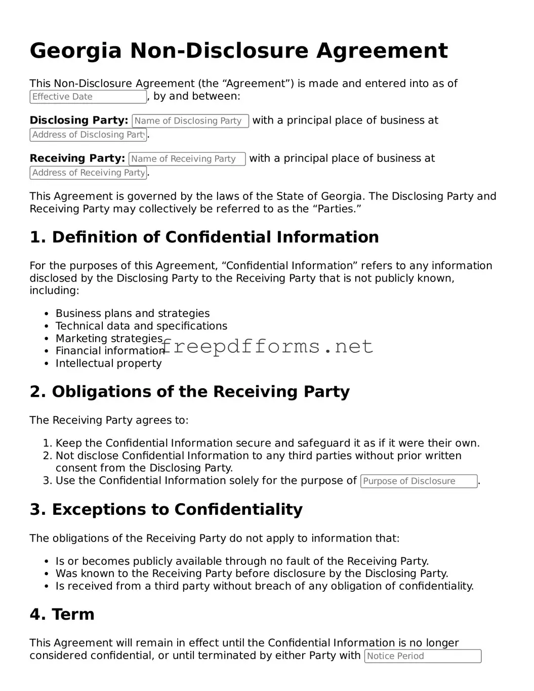 Free Non-disclosure Agreement Form for Georgia State