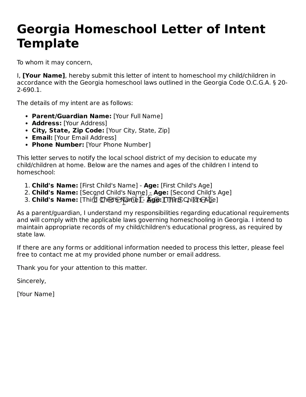 Free Homeschool Letter of Intent Form for Georgia State