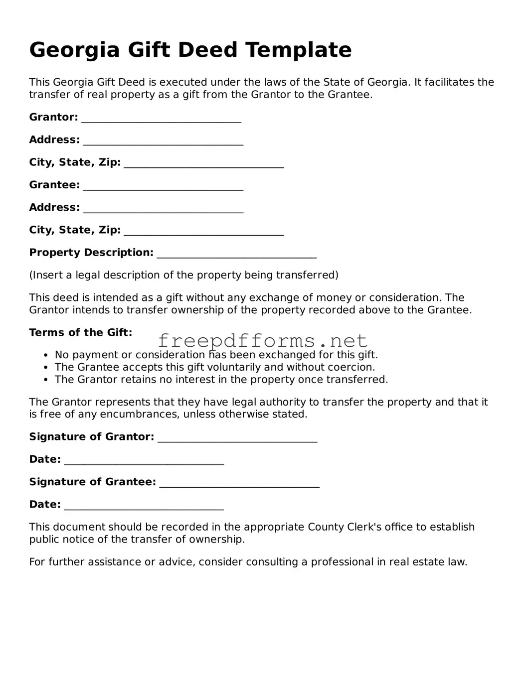 Free Gift Deed Form for Georgia State