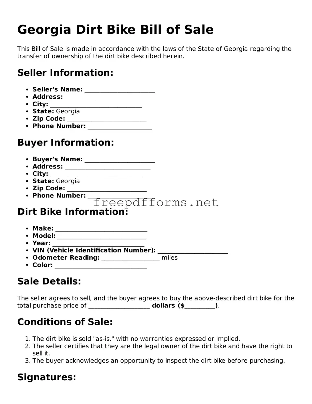 Free Dirt Bike Bill of Sale Form for Georgia State