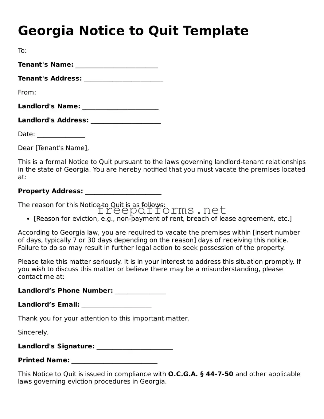 Free Notice to Quit Form for Georgia State