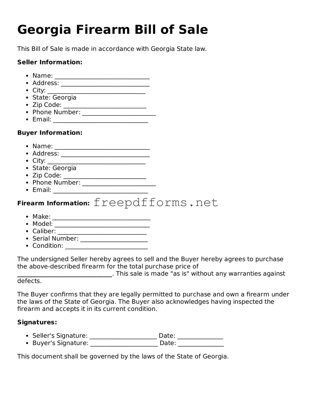 Free Firearm Bill of Sale Form for Georgia State