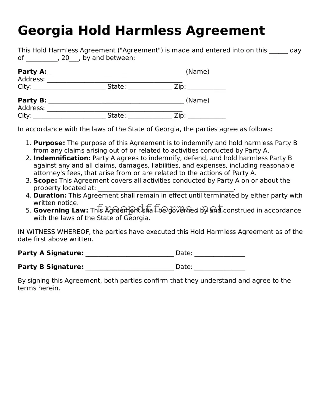 Free Hold Harmless Agreement Form for Georgia State