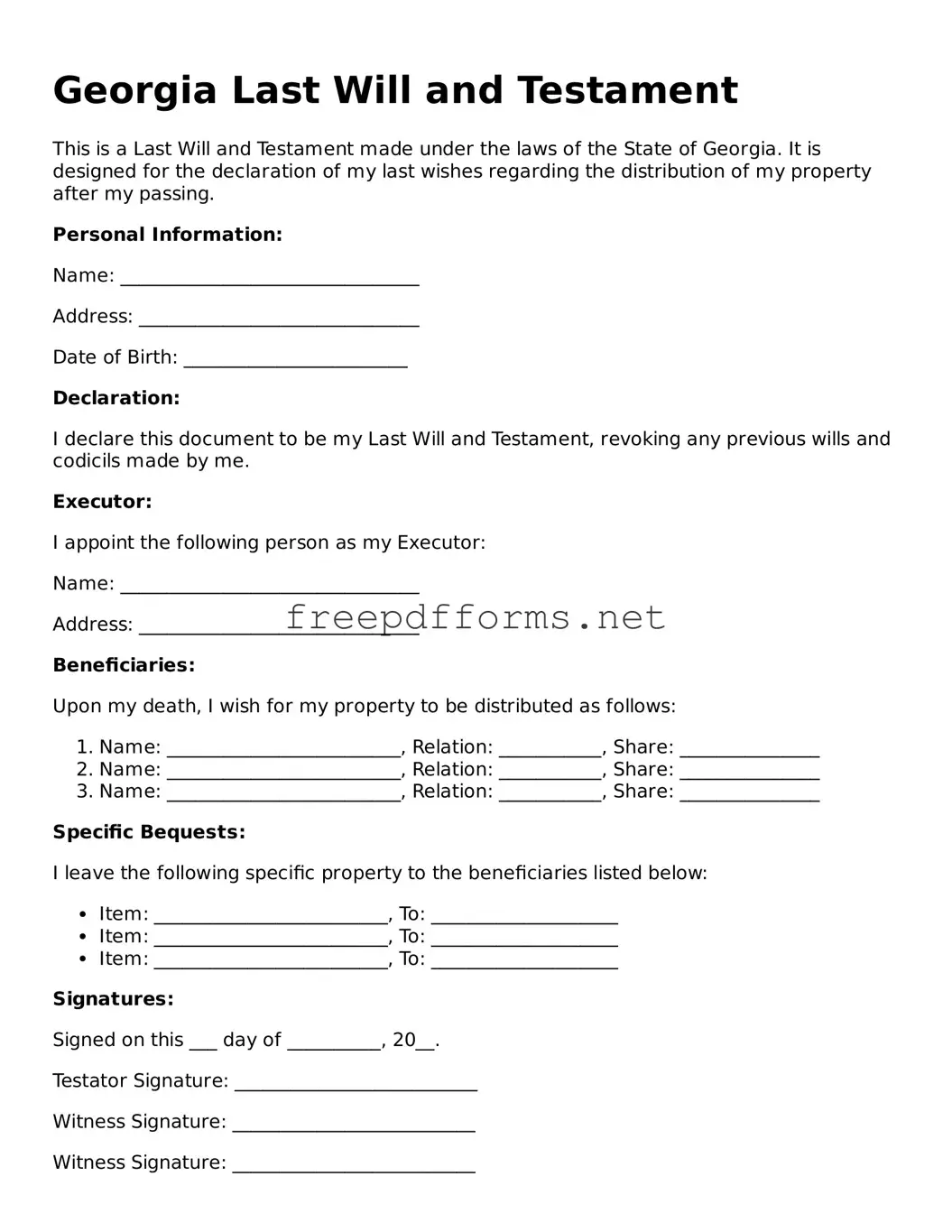 Free Last Will and Testament Form for Georgia State