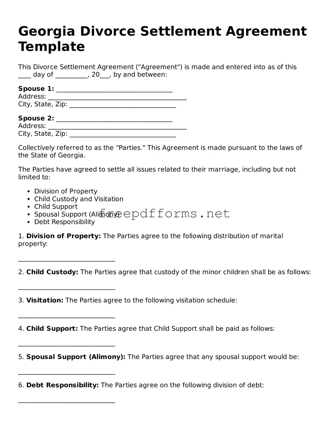 Free Divorce Settlement Agreement Form for Georgia State