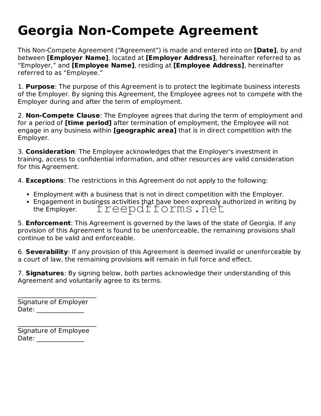 Free Non-compete Agreement Form for Georgia State
