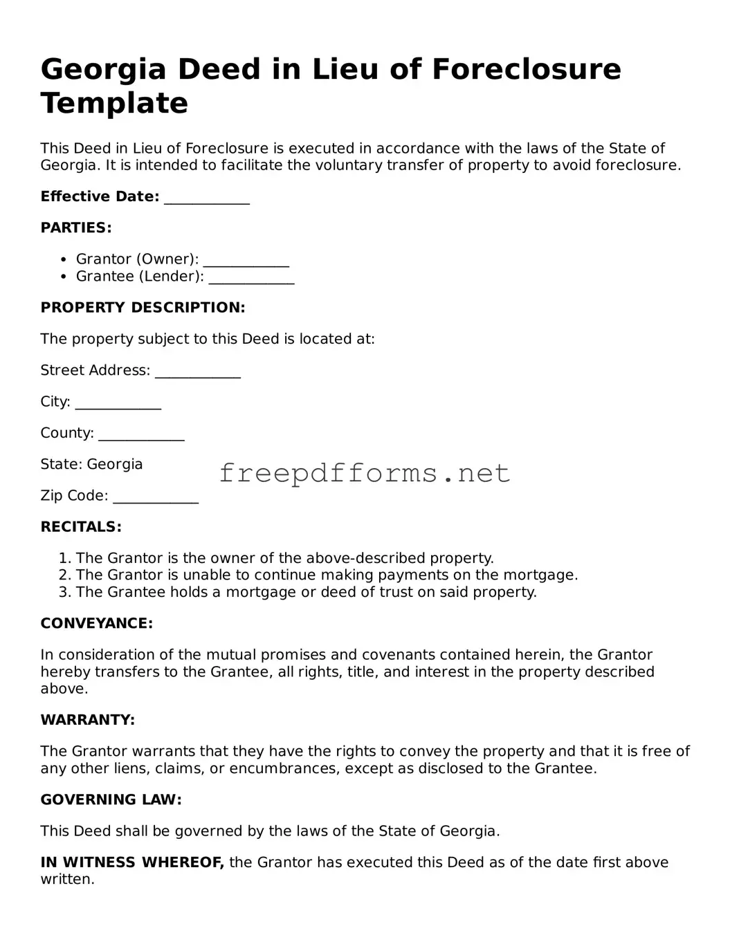Free Deed in Lieu of Foreclosure Form for Georgia State