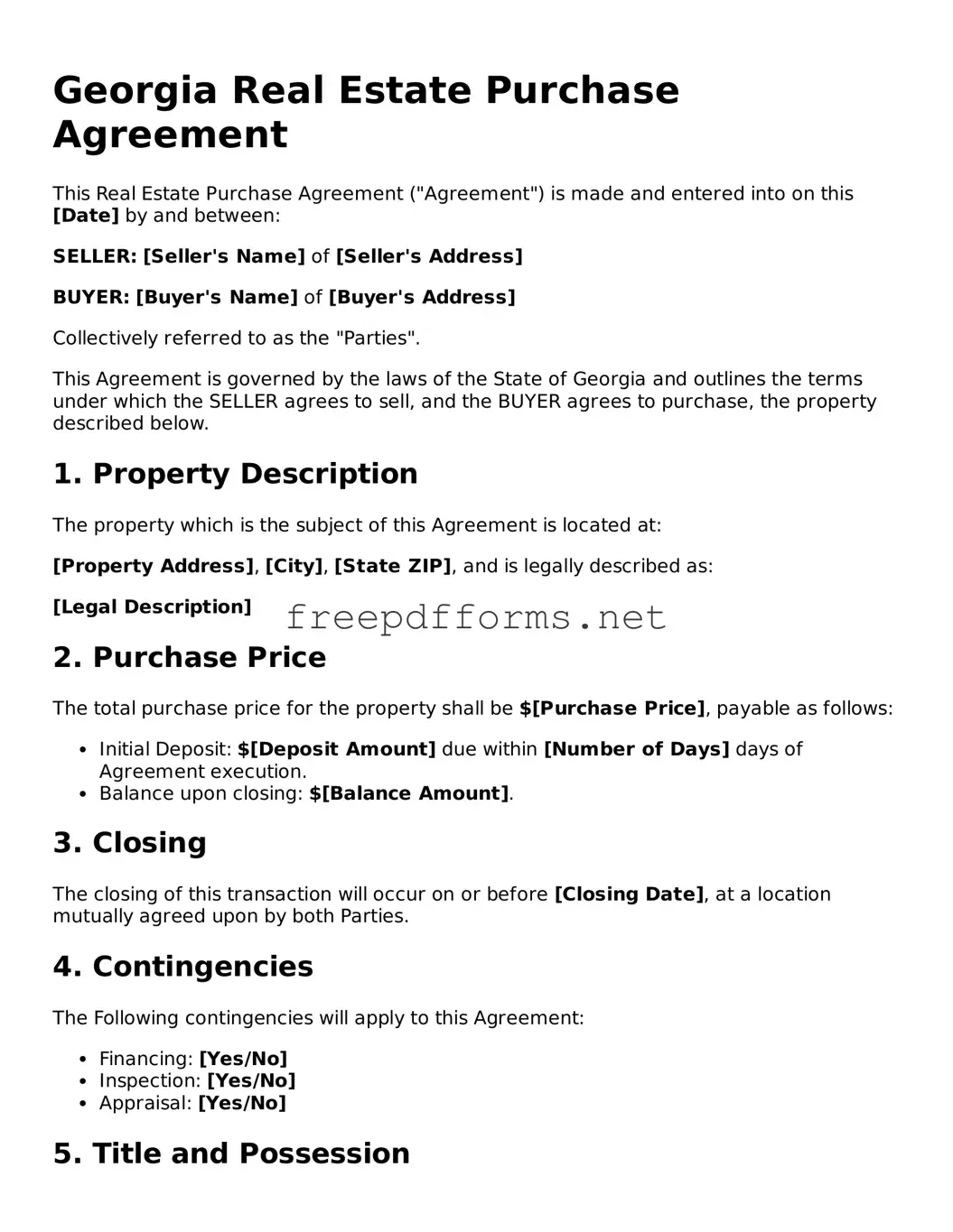 Free Real Estate Purchase Agreement Form for Georgia State