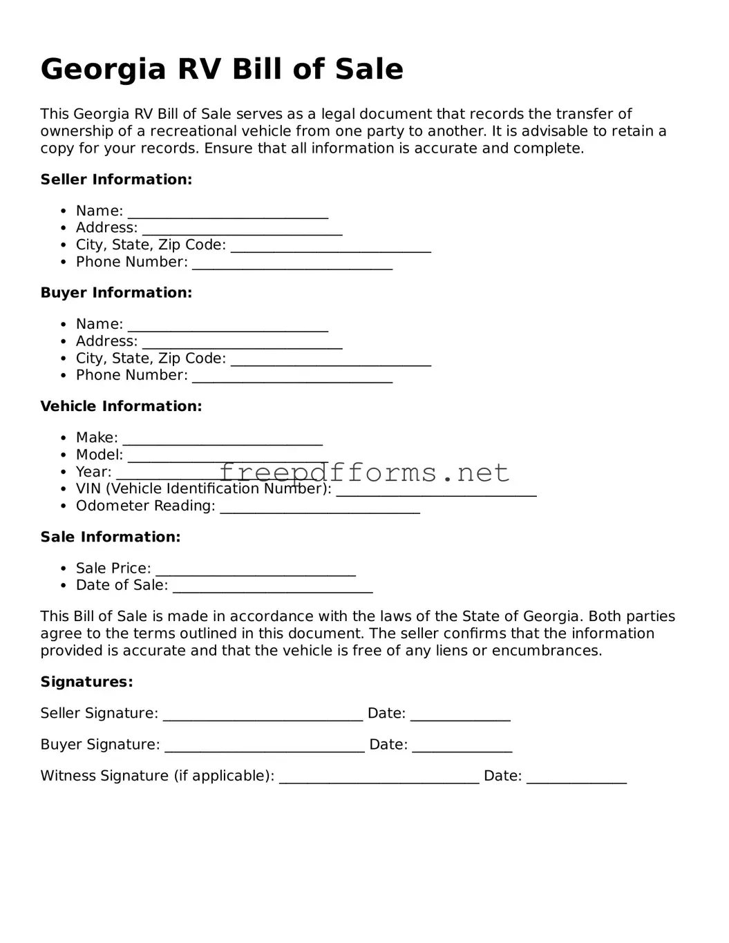 Free RV Bill of Sale Form for Georgia State