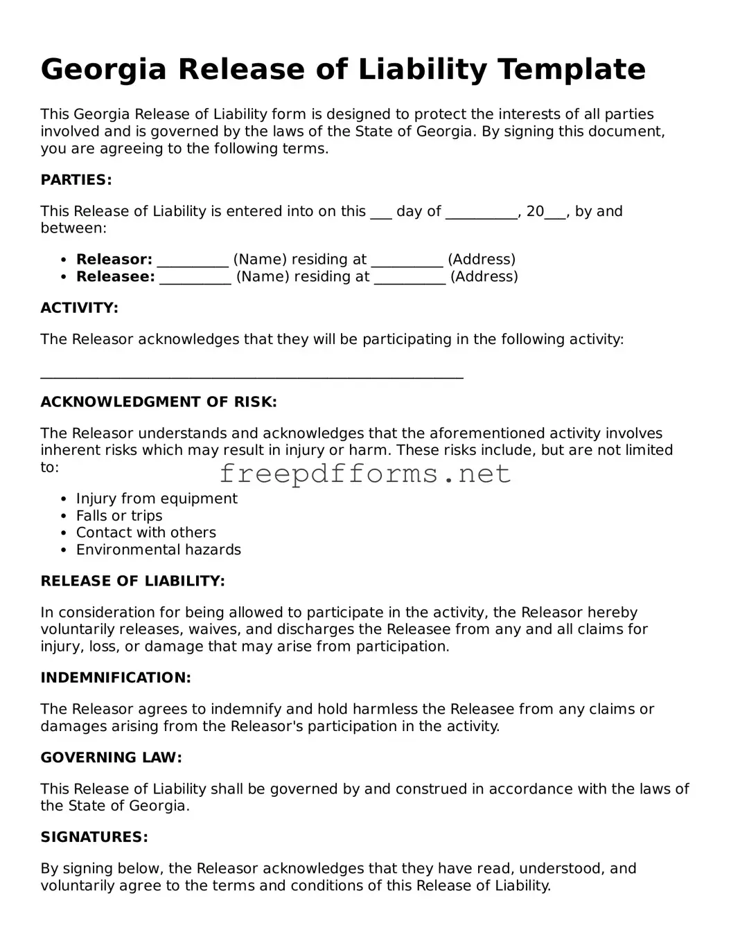 Free Release of Liability Form for Georgia State
