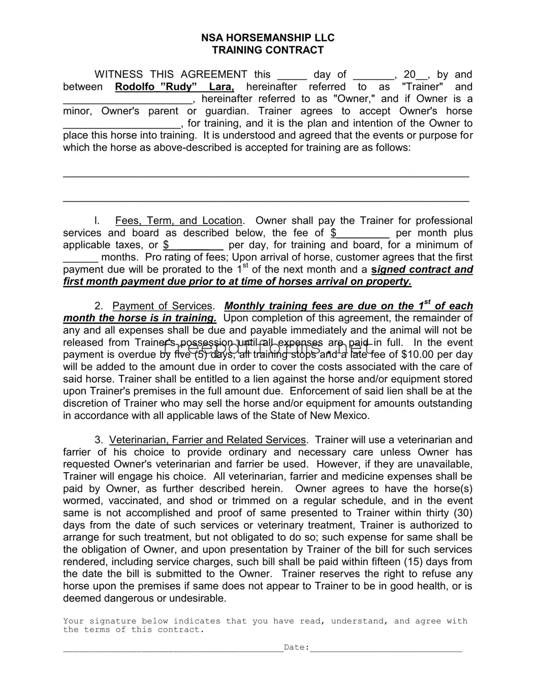 Fill a Valid Horse Training Contract Template
