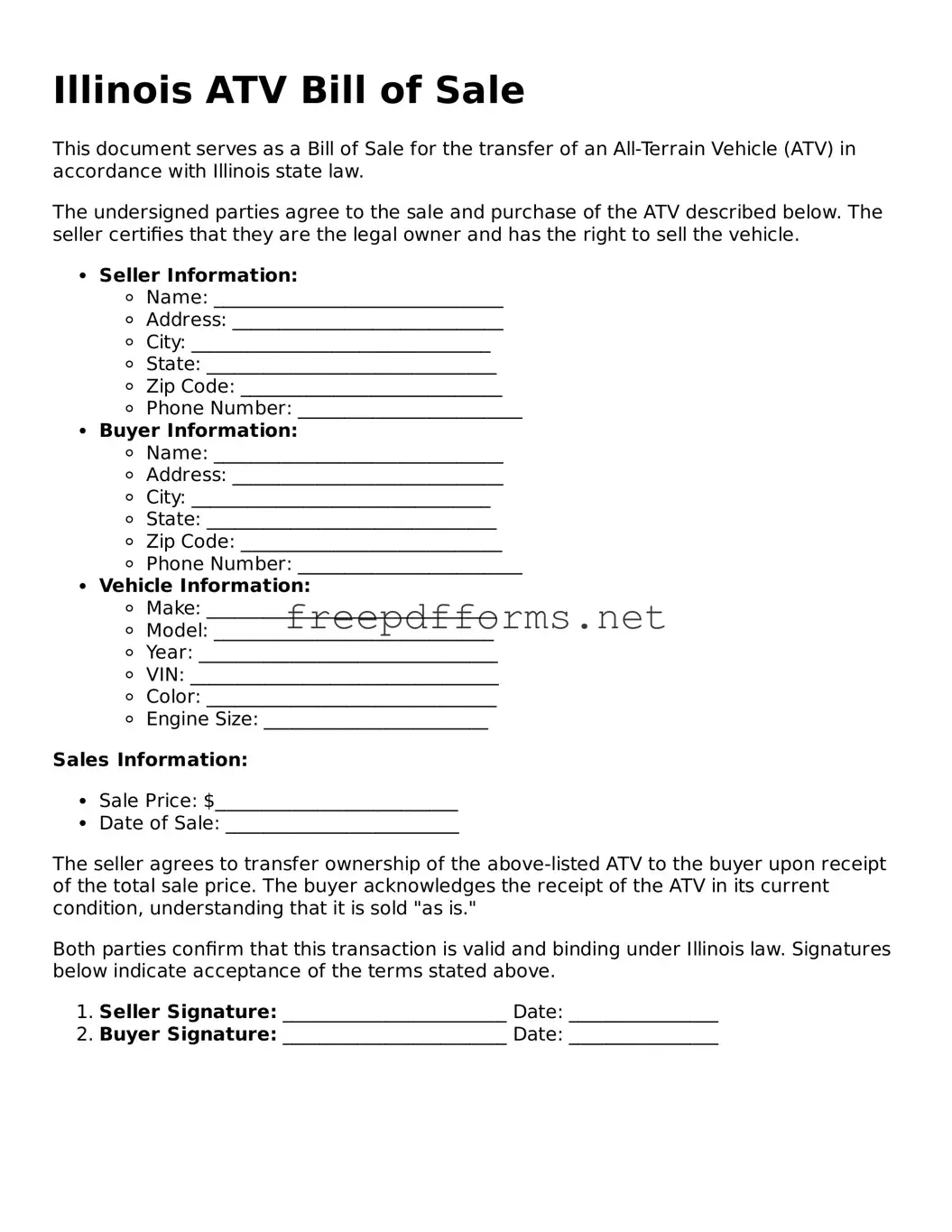 Free ATV Bill of Sale Form for Illinois State