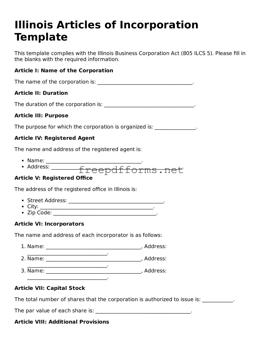 Free Articles of Incorporation Form for Illinois State