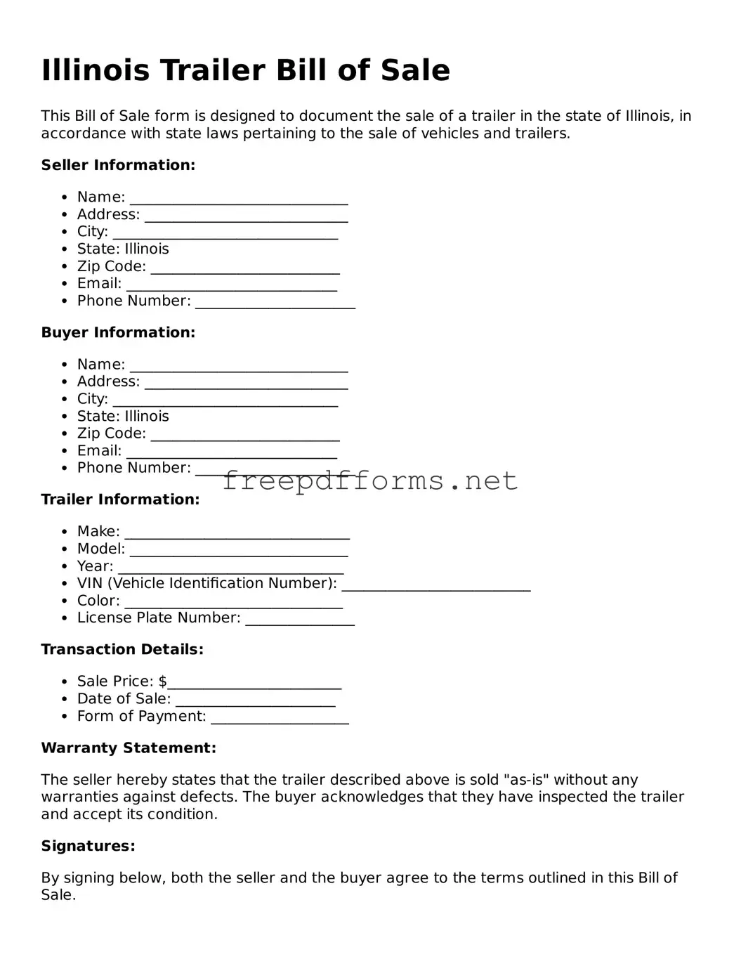 Free Trailer Bill of Sale Form for Illinois State