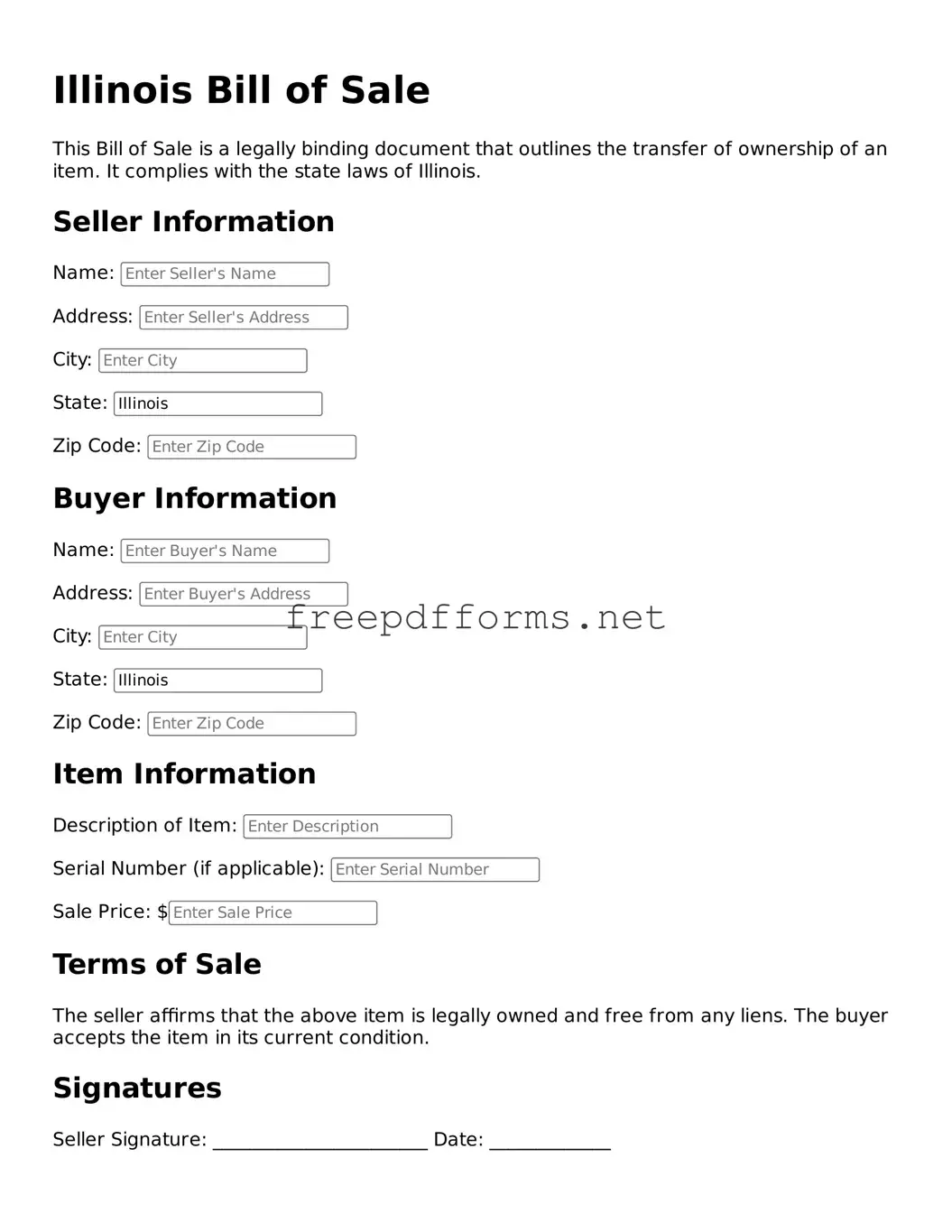 Free Bill of Sale Form for Illinois State