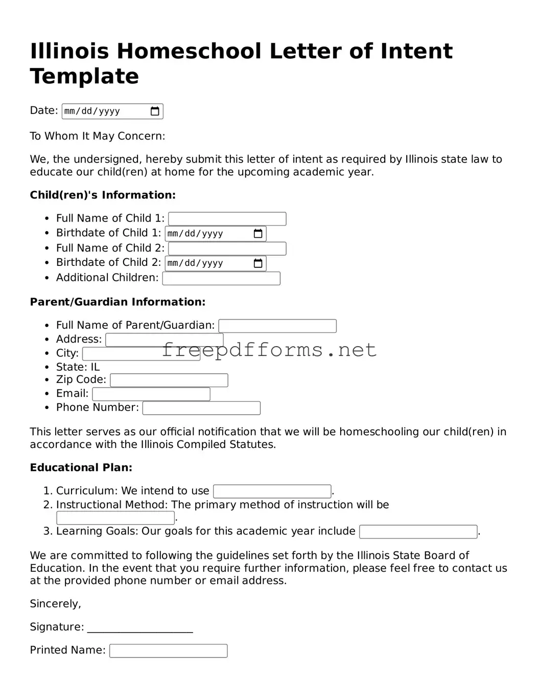 Free Homeschool Letter of Intent Form for Illinois State