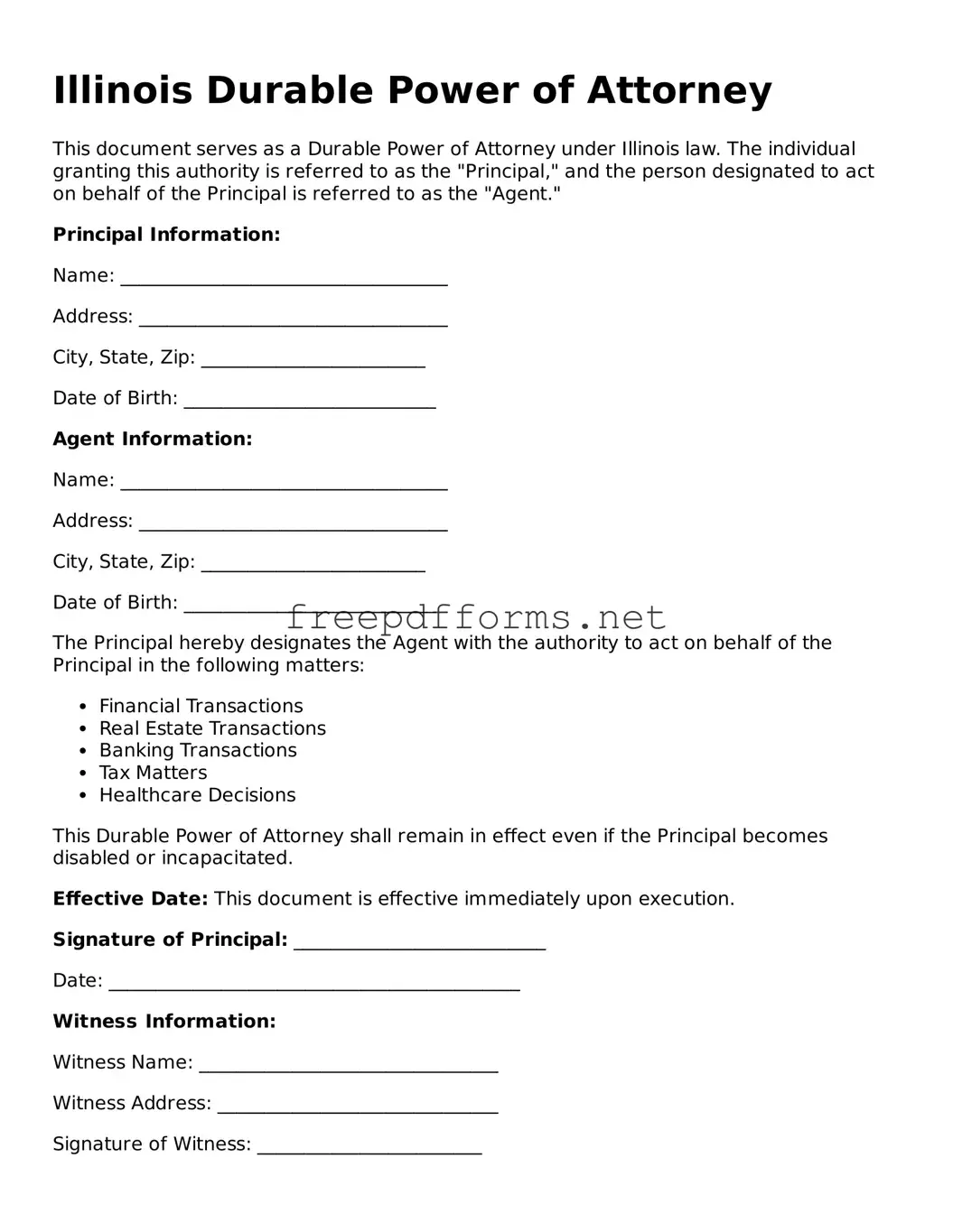 Free Durable Power of Attorney Form for Illinois State